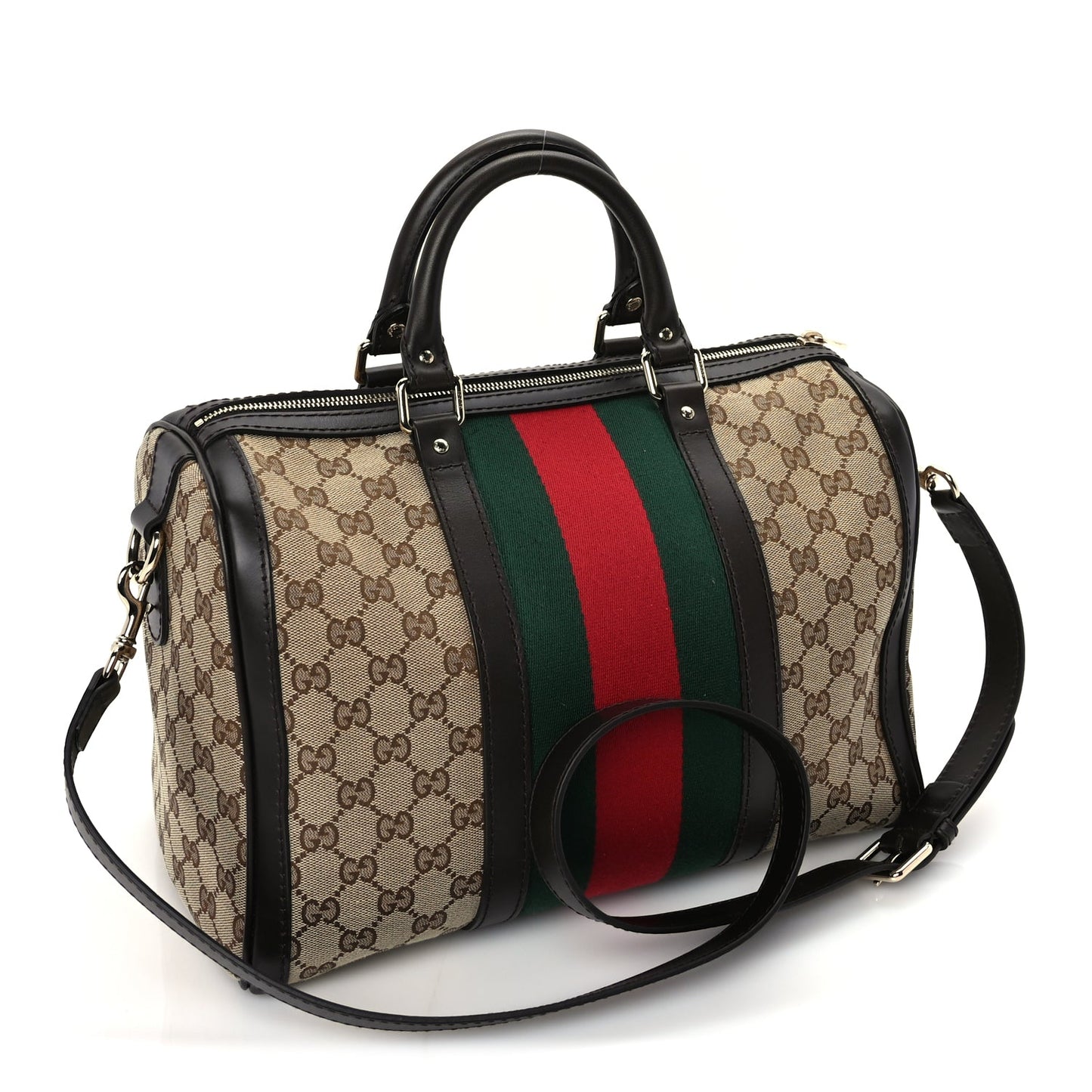 Gucci Monogram Vintage Web Medium Boston  Dark Brown