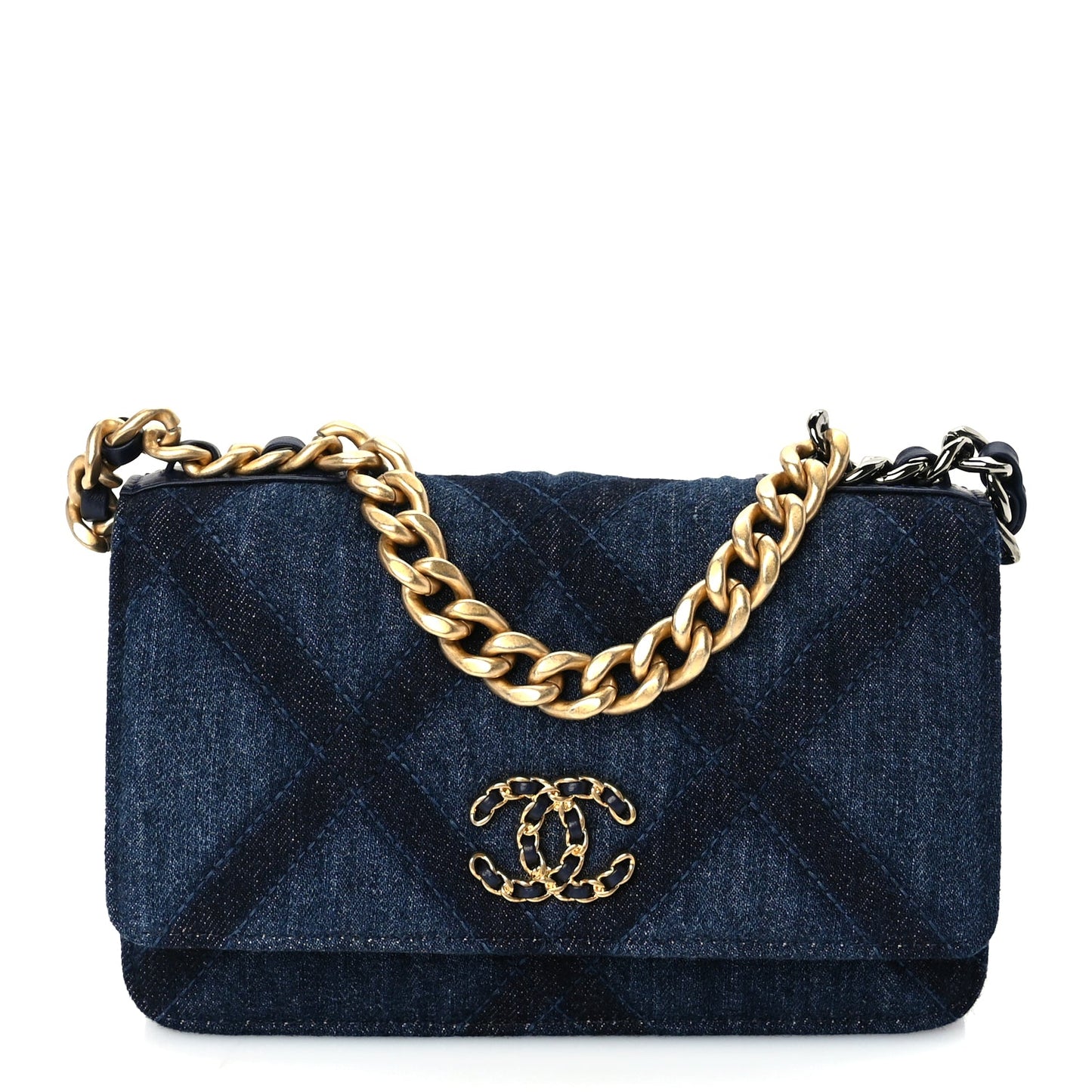 Chanel Denim Quilted 19 Wallet On Chain WOC  Blue