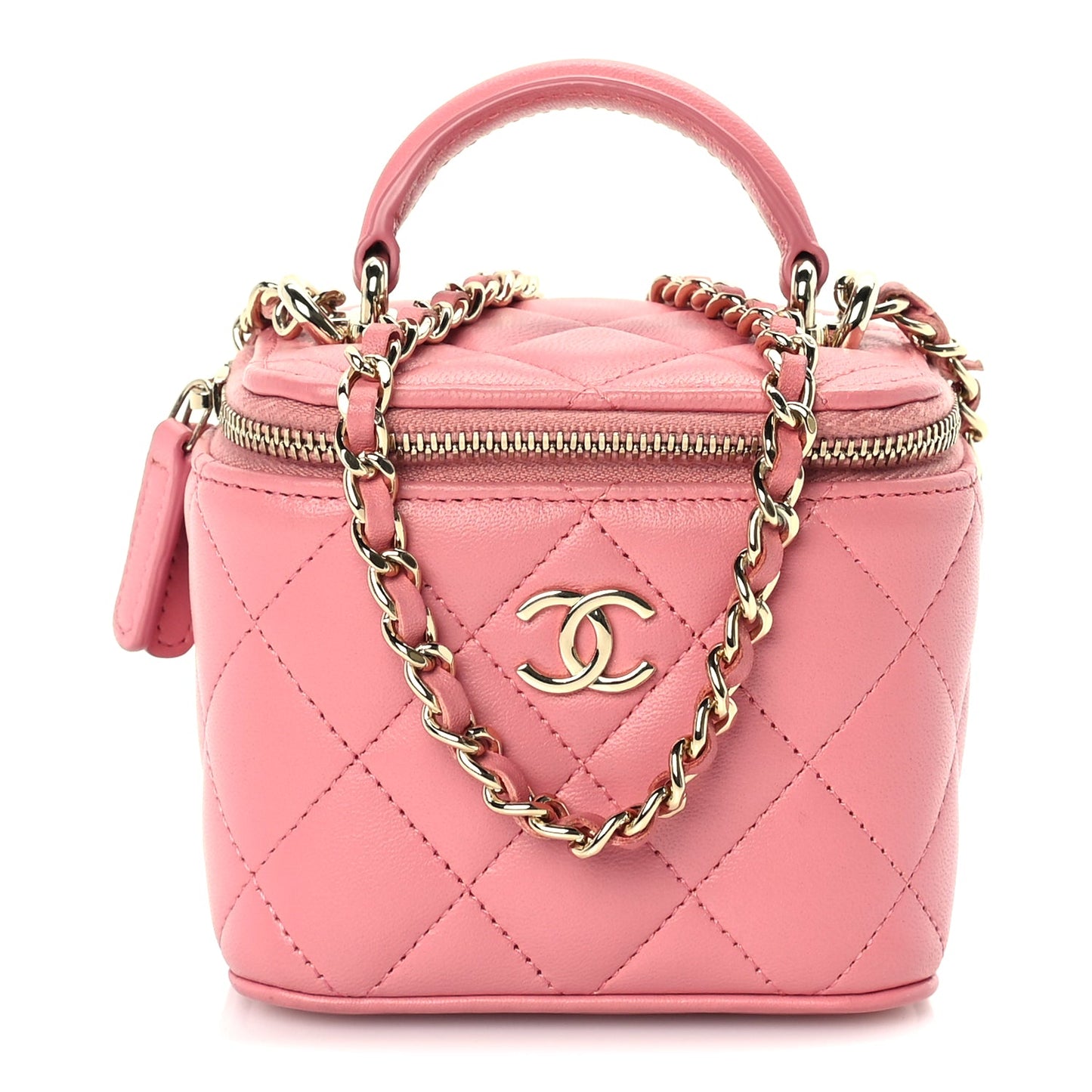 Chanel Lambskin Quilted Top Handle Mini Vanity Case With Chain Pink