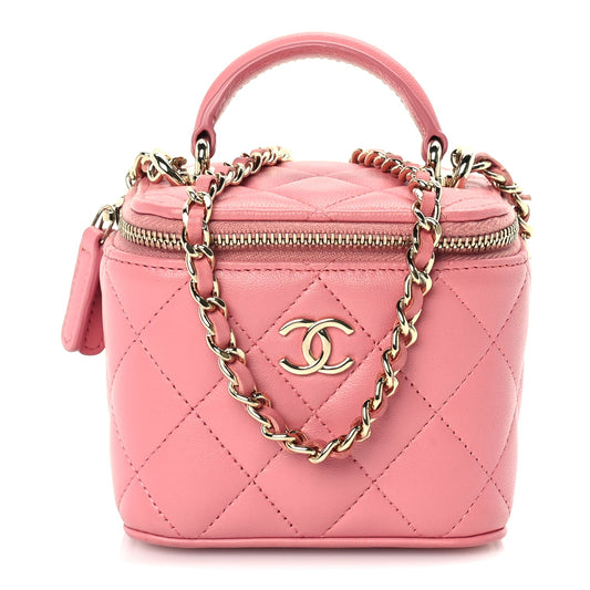 Chanel Lambskin Quilted Top Handle Mini Vanity Case With Chain Pink