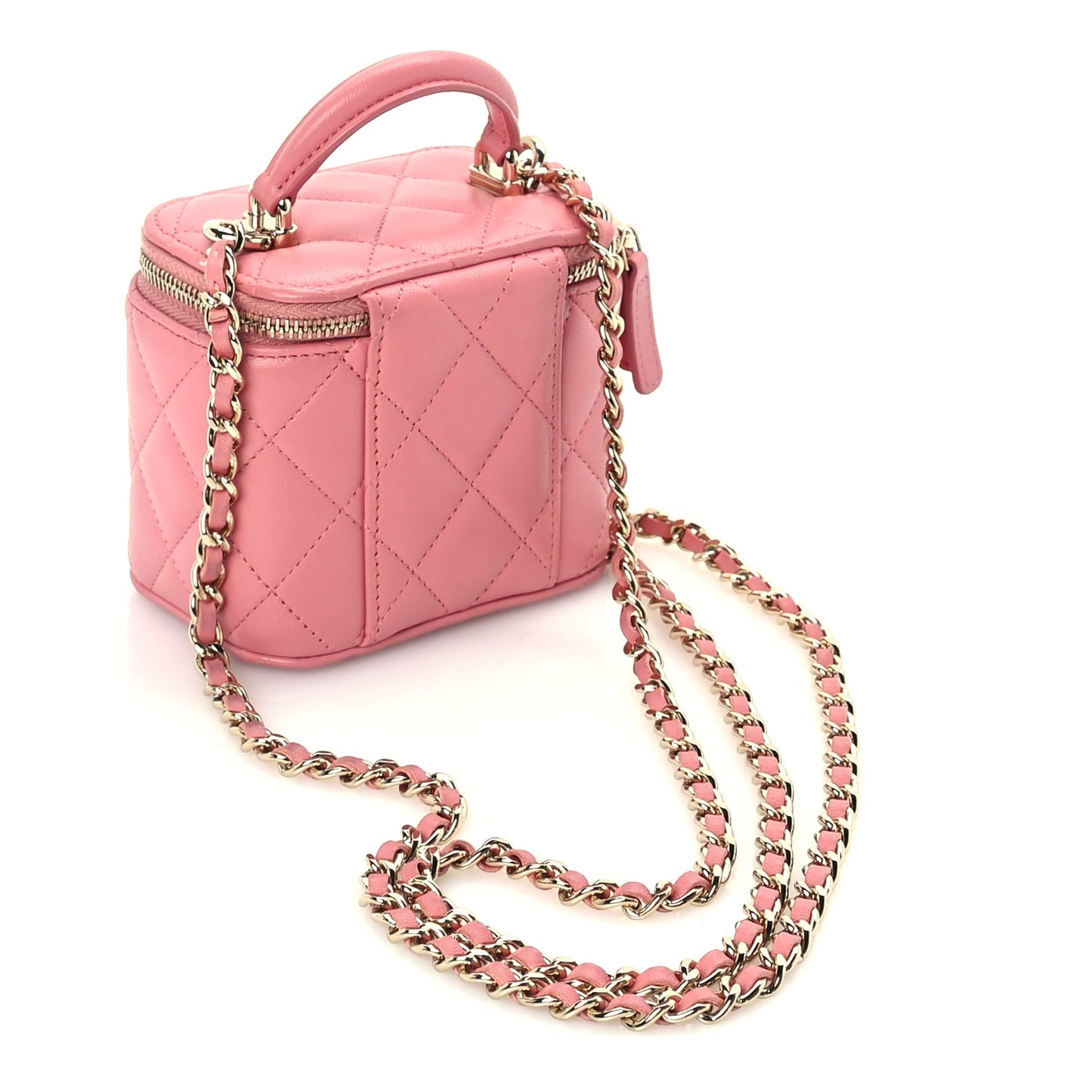 Chanel Lambskin Quilted Top Handle Mini Vanity Case With Chain Pink