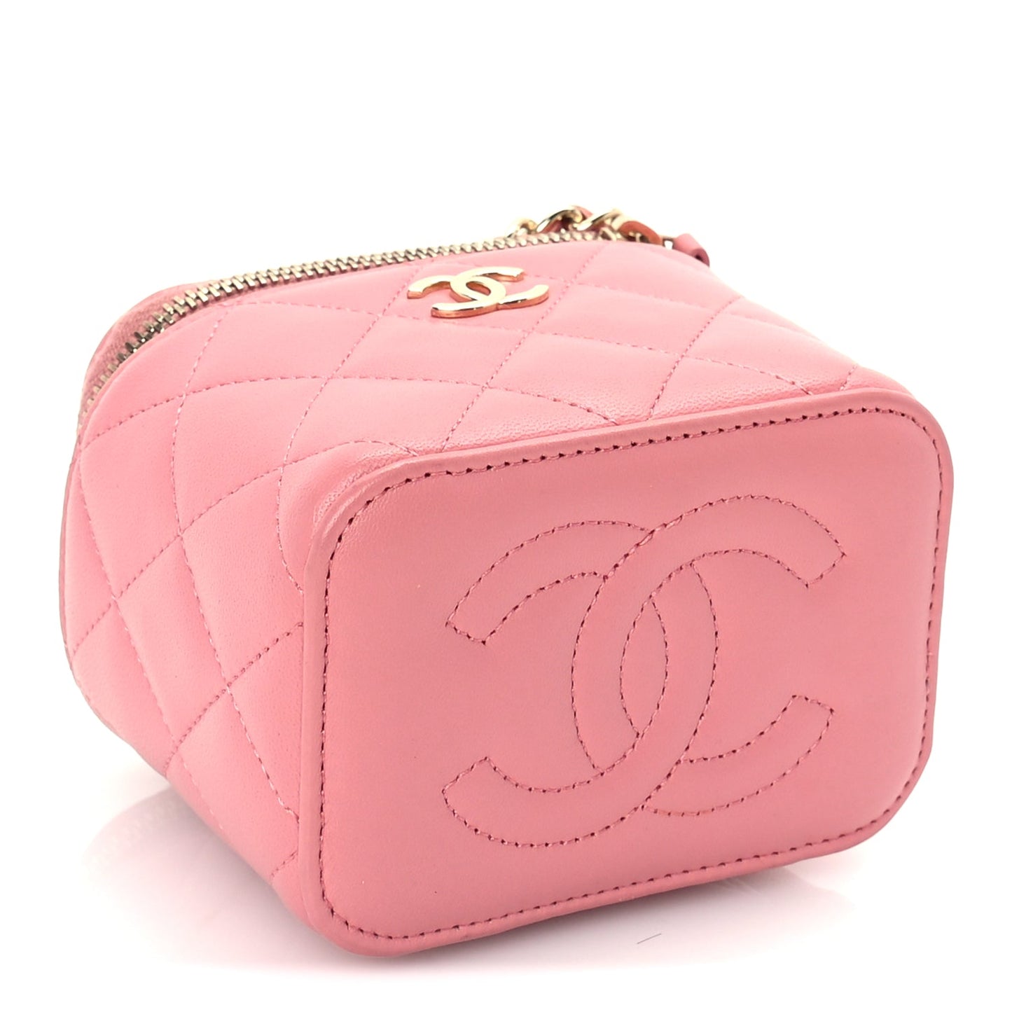 Chanel Lambskin Quilted Top Handle Mini Vanity Case With Chain Pink