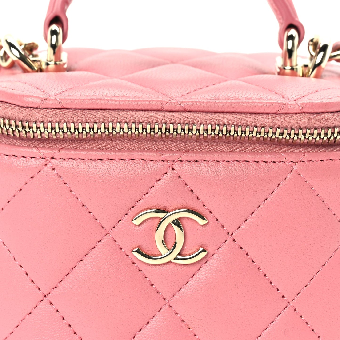 Chanel Lambskin Quilted Top Handle Mini Vanity Case With Chain Pink