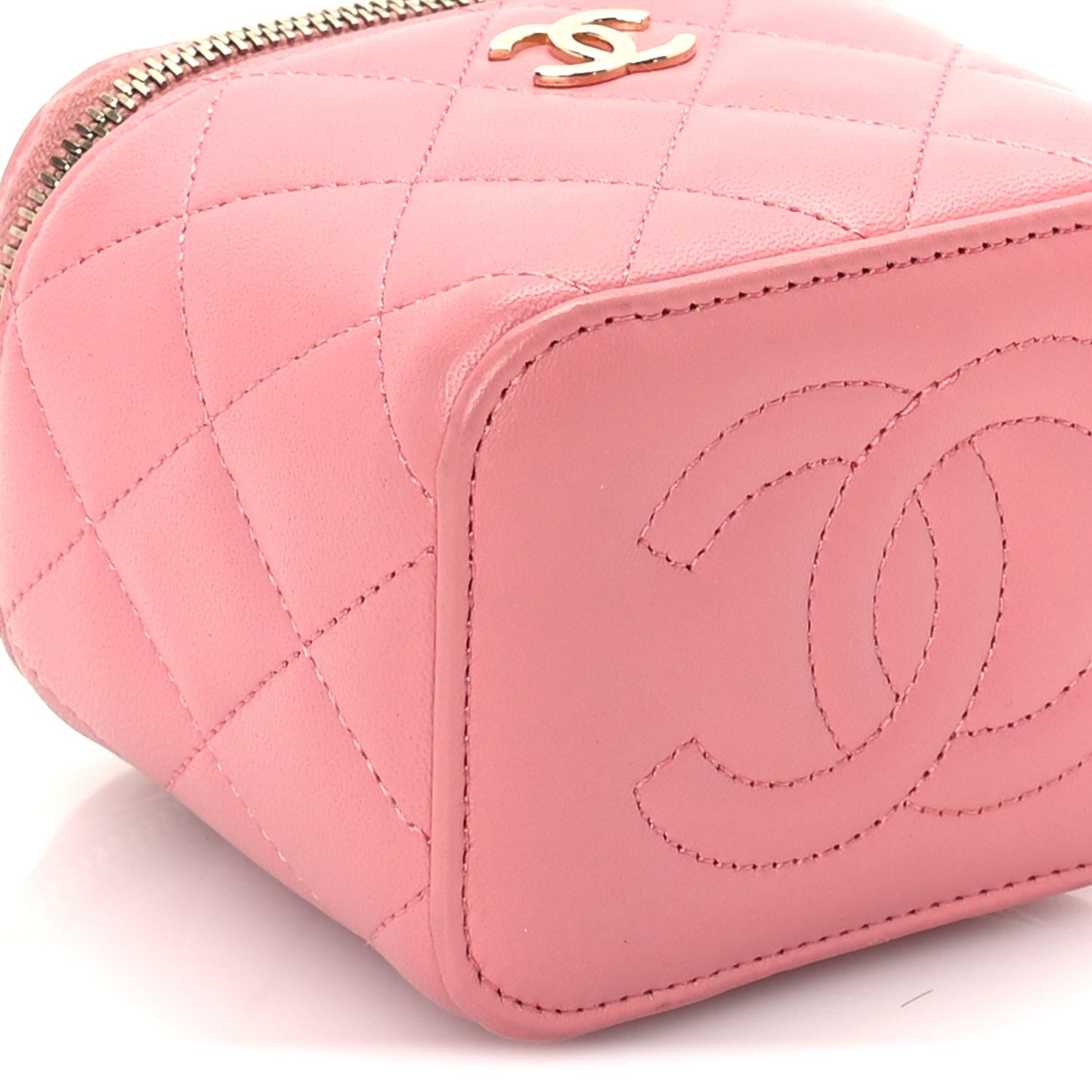 Chanel Lambskin Quilted Top Handle Mini Vanity Case With Chain Pink
