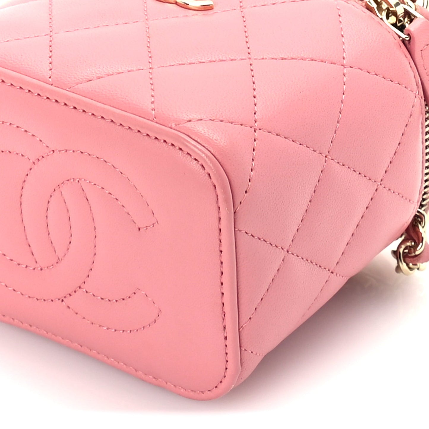 Chanel Lambskin Quilted Top Handle Mini Vanity Case With Chain Pink