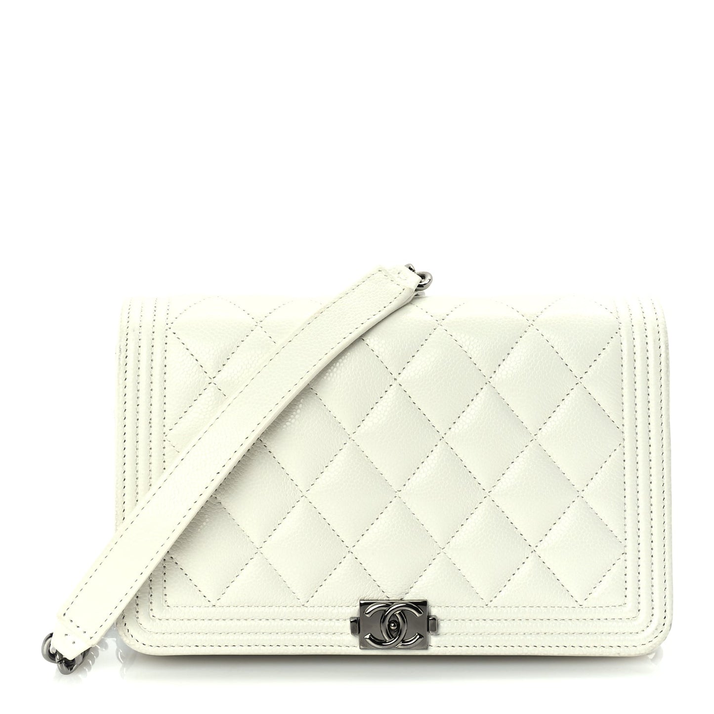 Chanel Caviar Quilted Boy Wallet On Chain WOC White