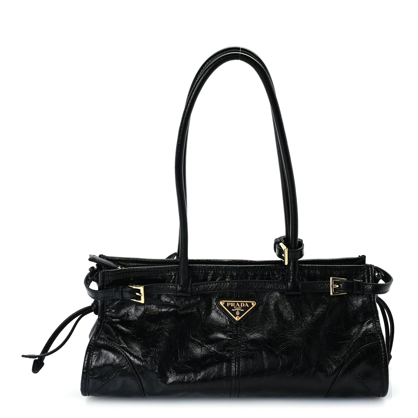Prada Glossy Calfskin Triangle Medium Bonnie Shoulder Bag Black