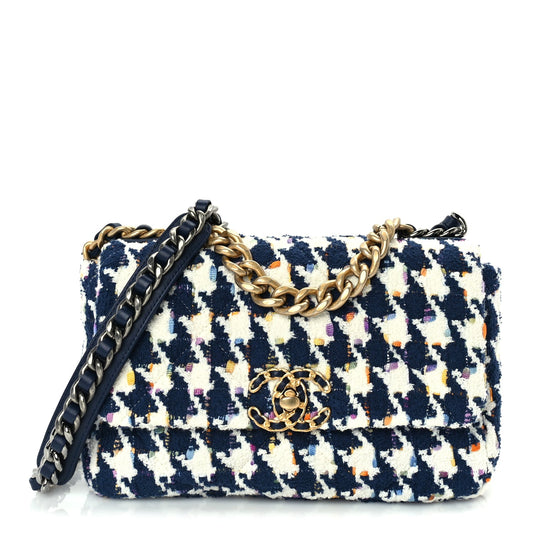 Chanel Tweed Quilted Medium 19 Flap Ecru Navy Blue Multicolor