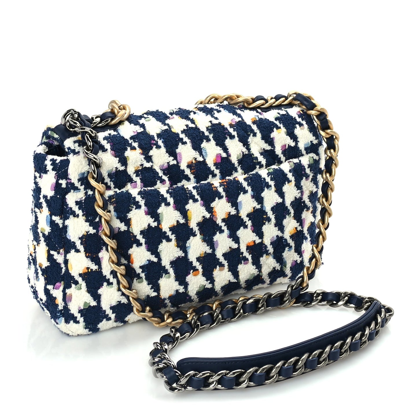 Chanel Tweed Quilted Medium 19 Flap Ecru Navy Blue Multicolor