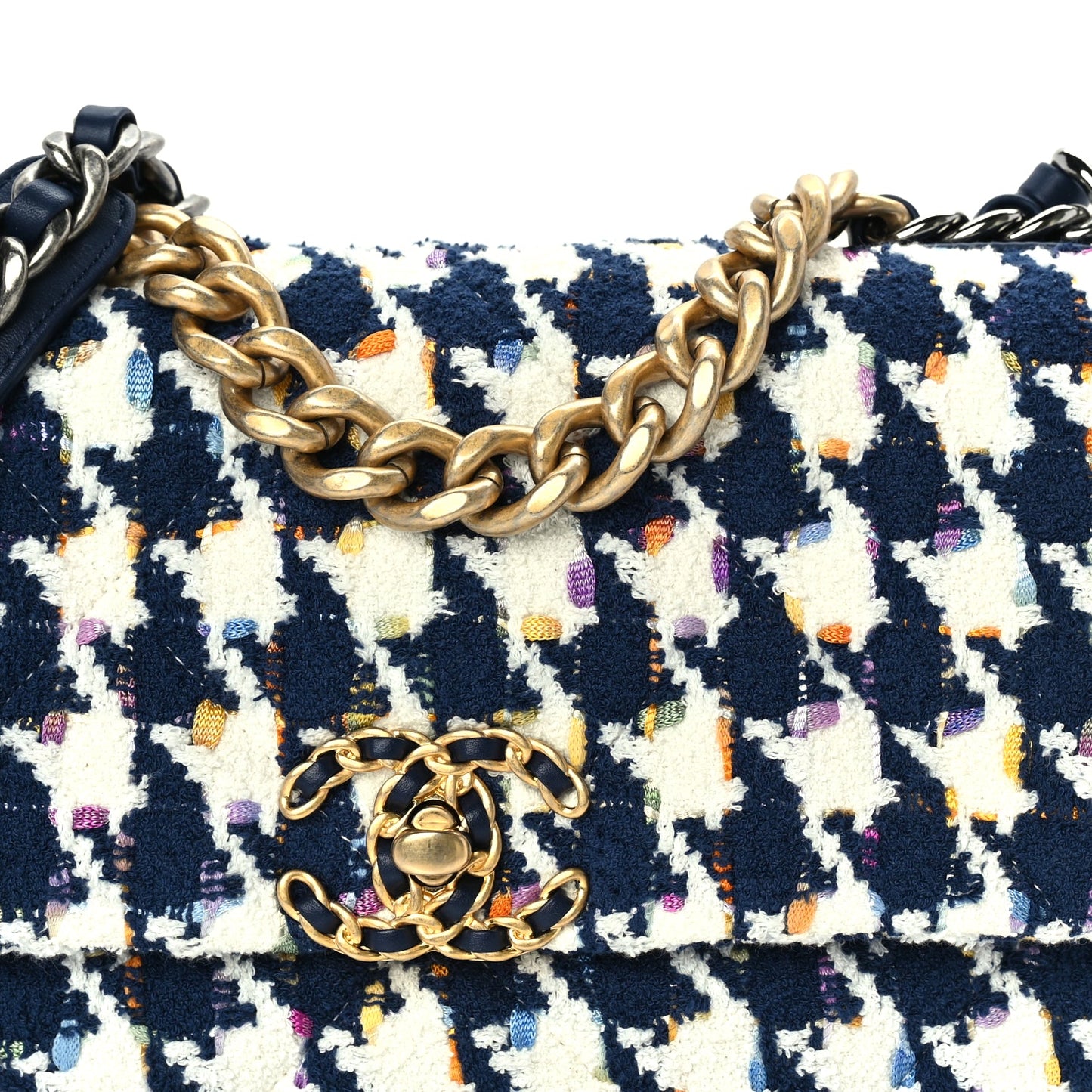 Chanel Tweed Quilted Medium 19 Flap Ecru Navy Blue Multicolor