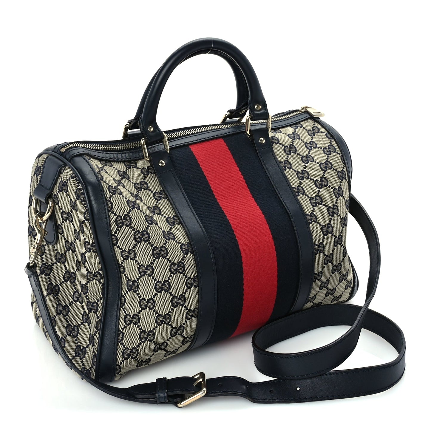Gucci Monogram Selleria Calfskin Vintage Web Medium Boston Beige Blue