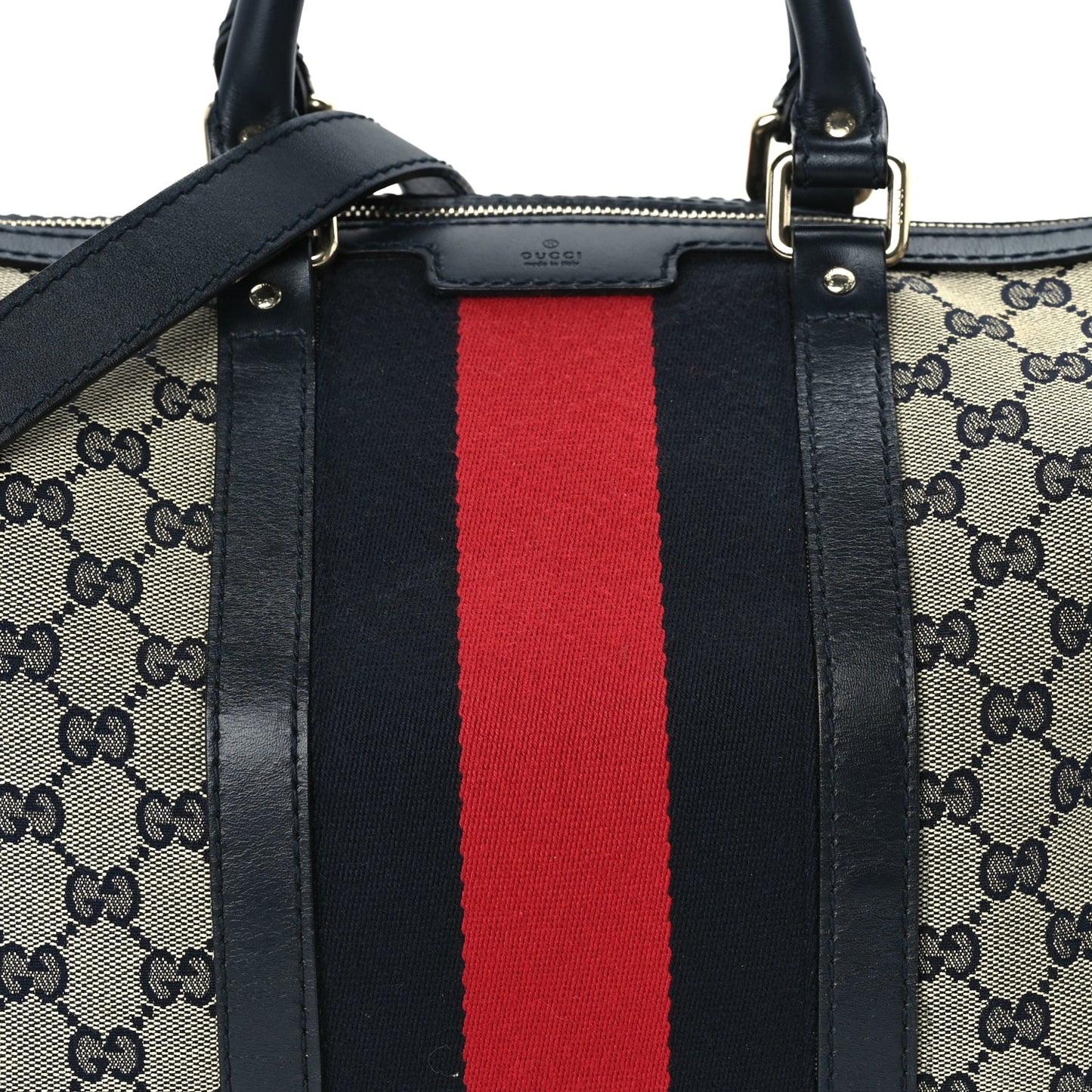 Gucci Monogram Selleria Calfskin Vintage Web Medium Boston Beige Blue