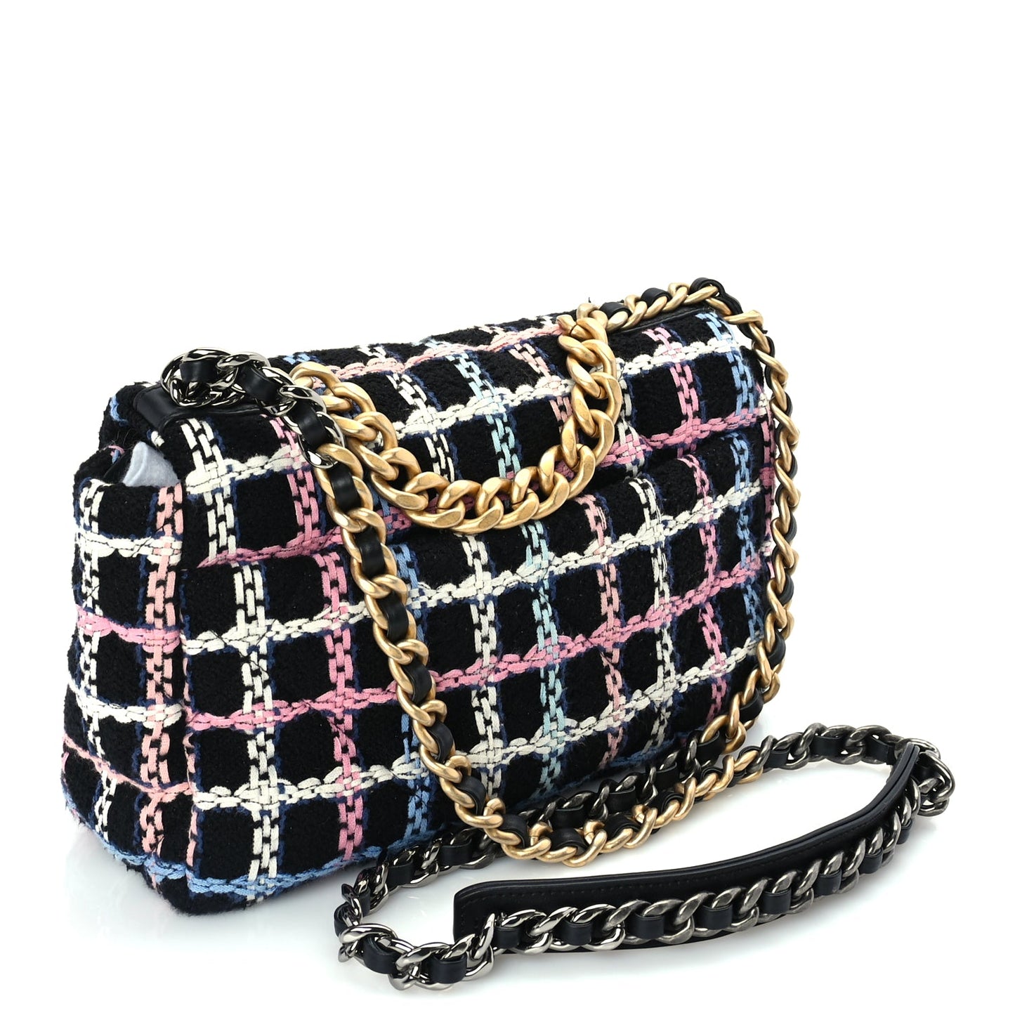Chanel Tweed Quilted Medium 19 Flap Black Blue Pink