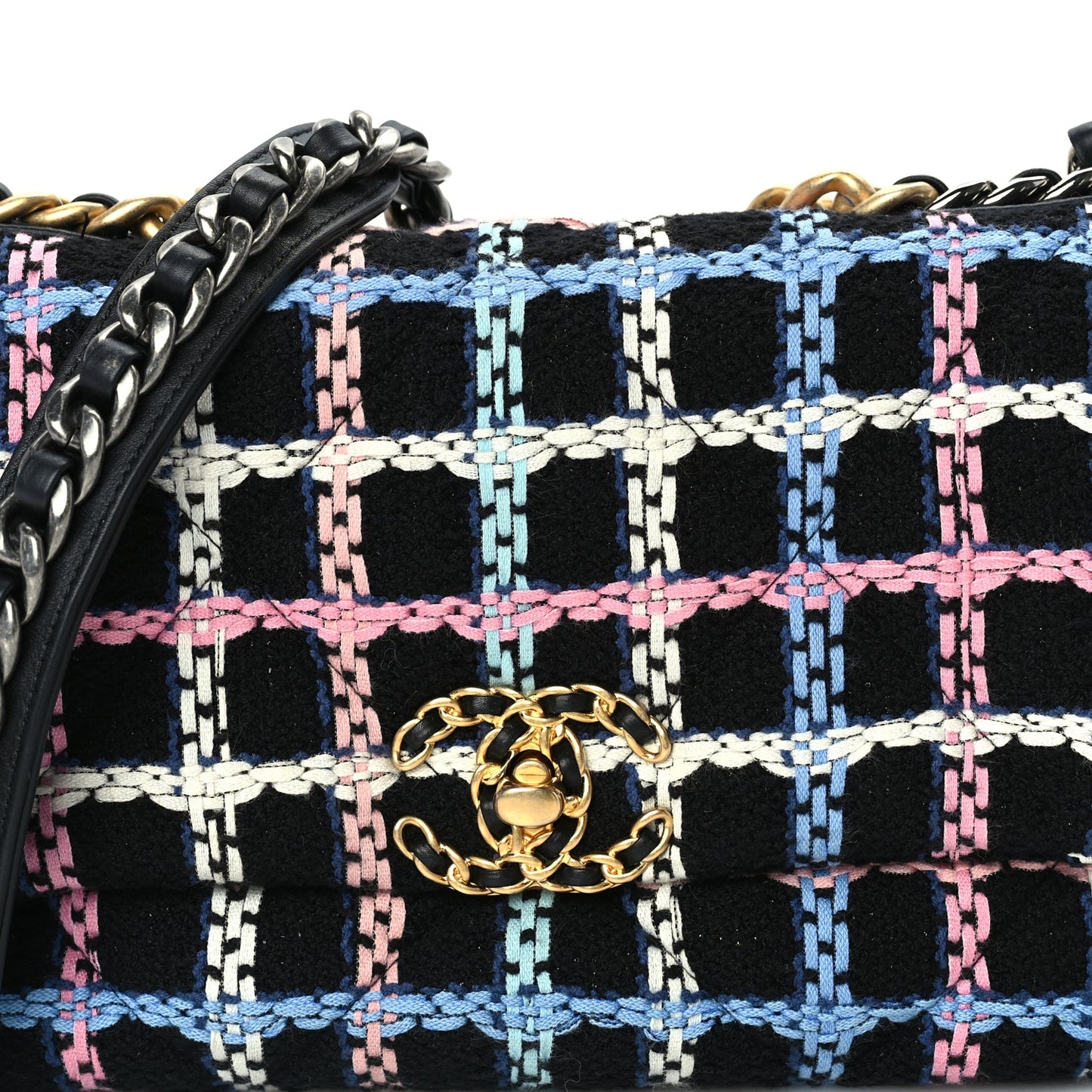 Chanel Tweed Quilted Medium 19 Flap Black Blue Pink