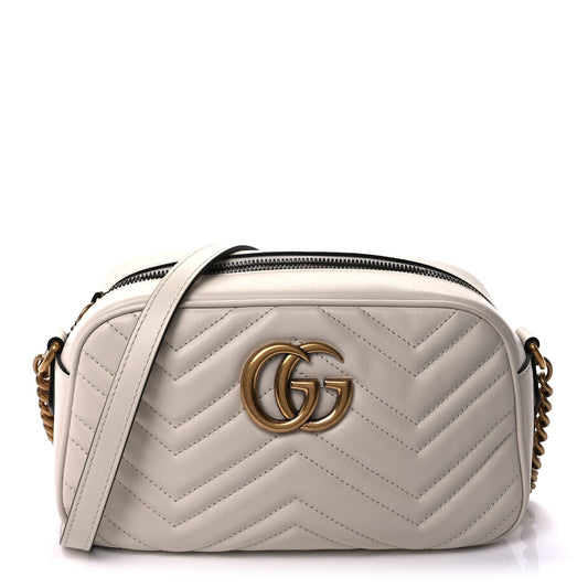 Gucci Calfskin Matelasse Small GG Marmont Chain Shoulder Bag  White