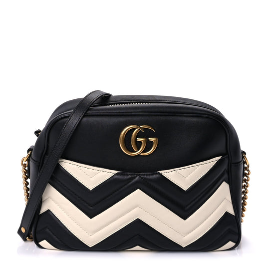 Gucci Calfskin Matelasse Medium GG Marmont Chain Shoulder Bag  Black White