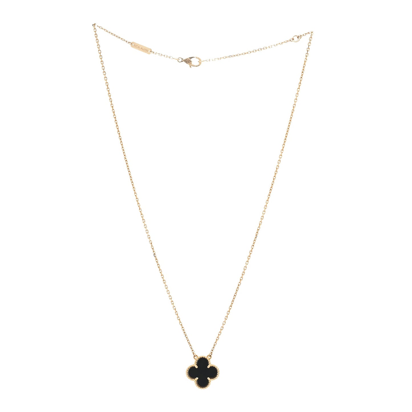 Van Cleef & Arpels 18K Yellow Gold Black Onyx Vintage Alhambra Pendant Necklace