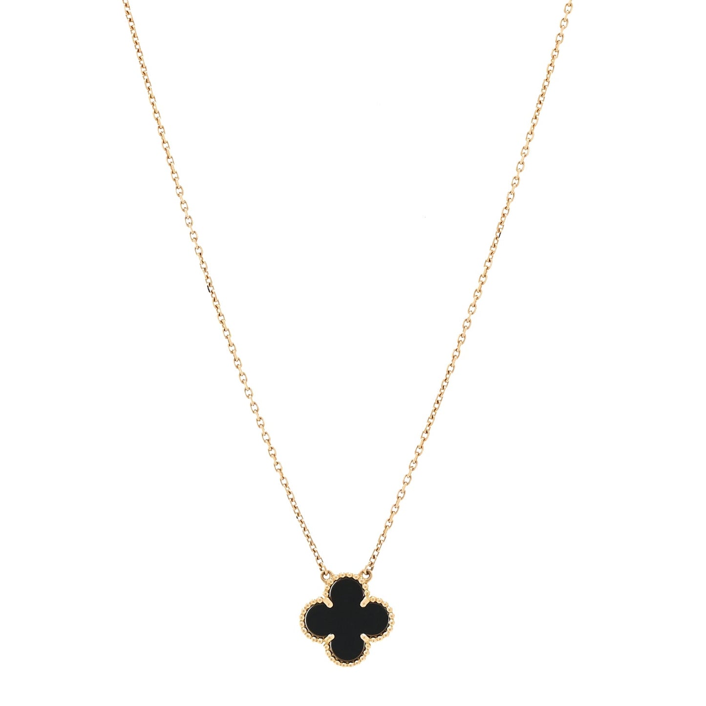 Van Cleef & Arpels 18K Yellow Gold Black Onyx Vintage Alhambra Pendant Necklace