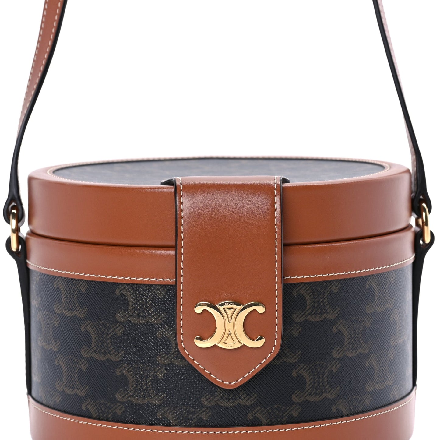 Celine Calfskin Triomphe Canvas Medium Tambour Bag Tan