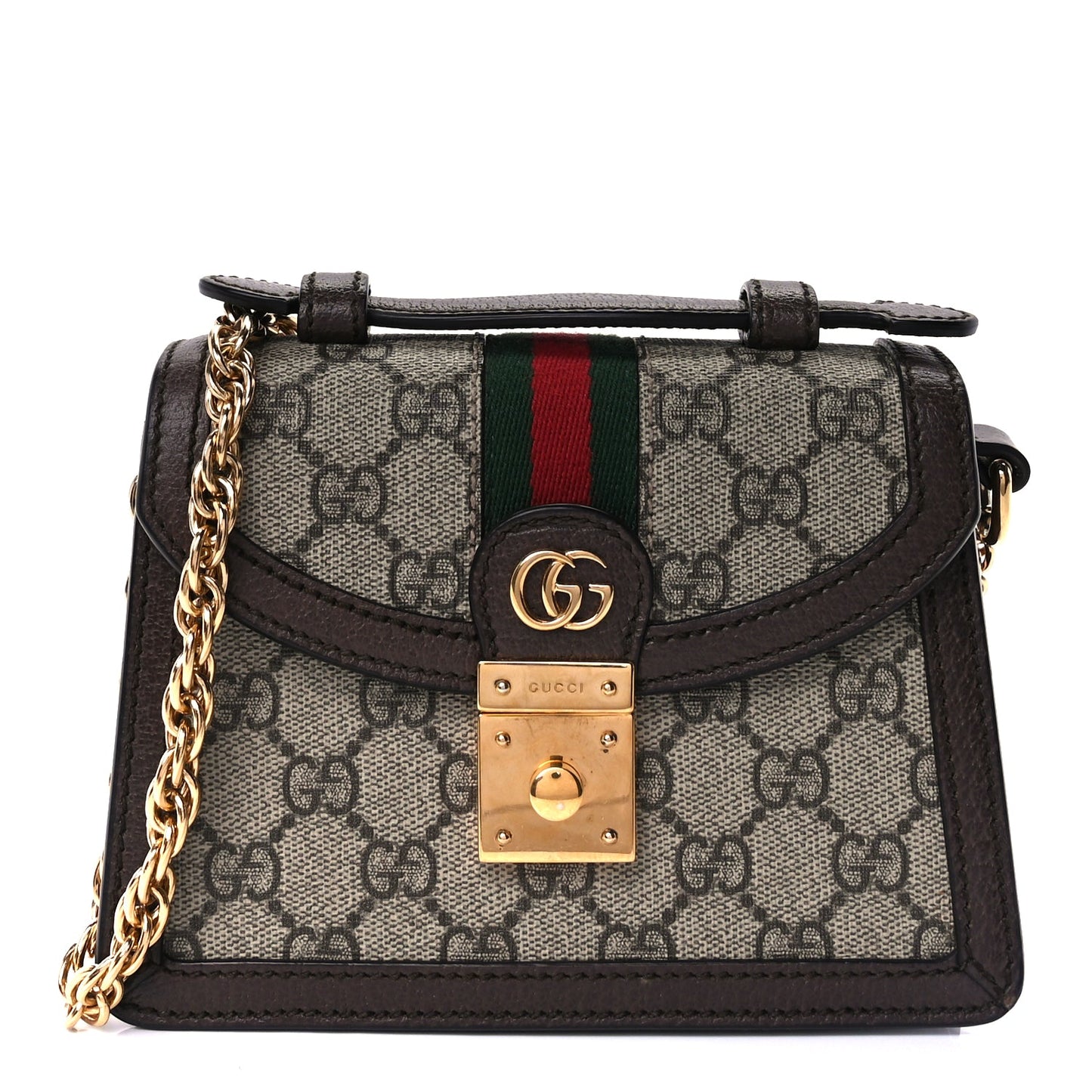 Gucci GG Supreme Monogram Textured Dollar Calfskin Web Mini Ophidia Padlock Top Handle Chain Shoulder Bag Beige Ebony New Acero