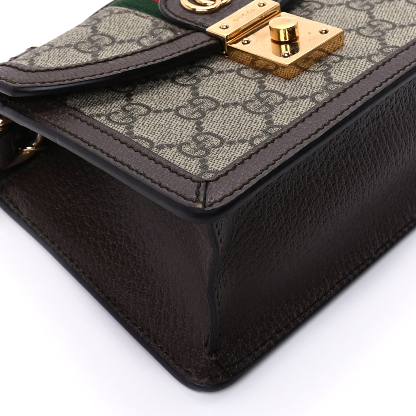 Gucci GG Supreme Monogram Textured Dollar Calfskin Web Mini Ophidia Padlock Top Handle Chain Shoulder Bag Beige Ebony New Acero