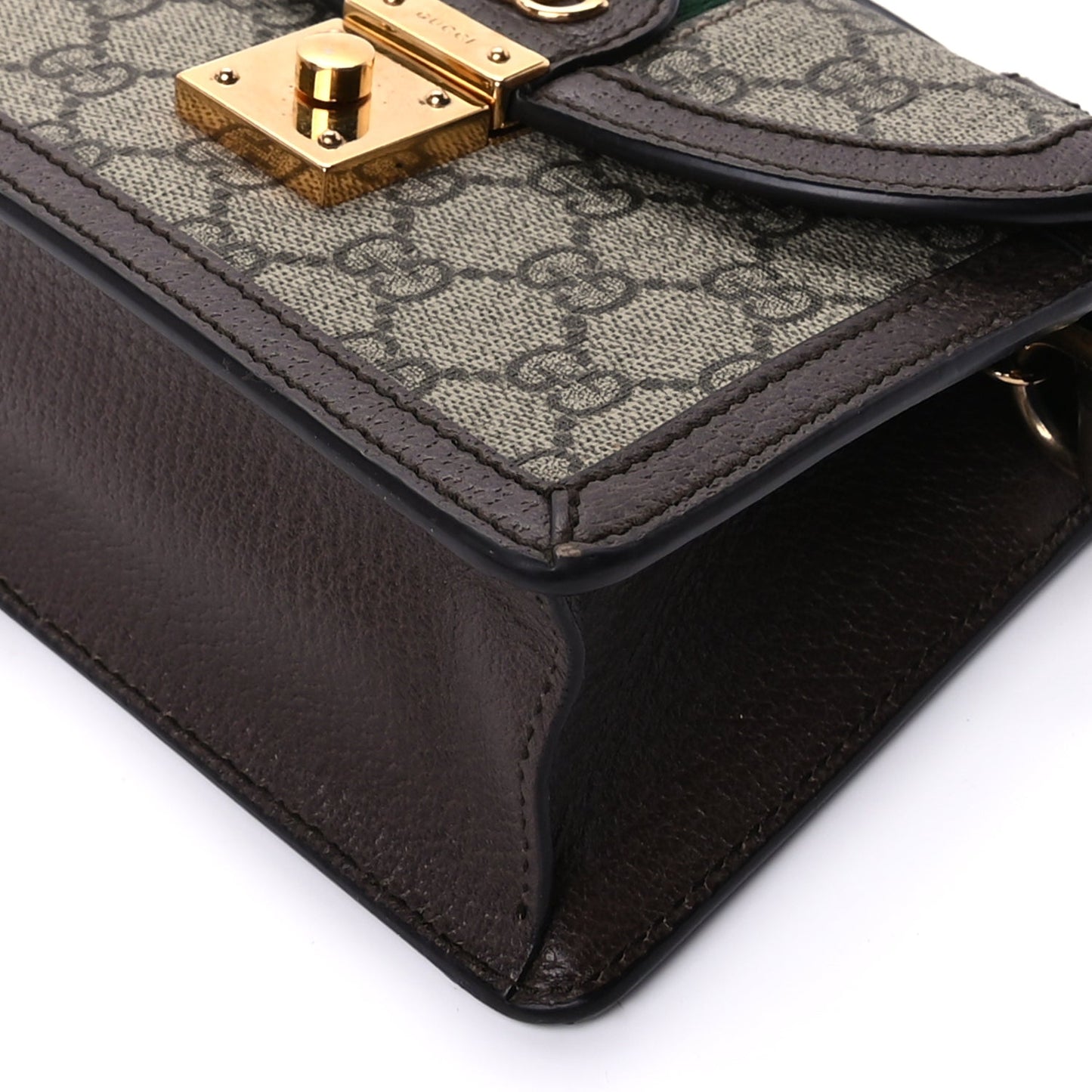 Gucci GG Supreme Monogram Textured Dollar Calfskin Web Mini Ophidia Padlock Top Handle Chain Shoulder Bag Beige Ebony New Acero