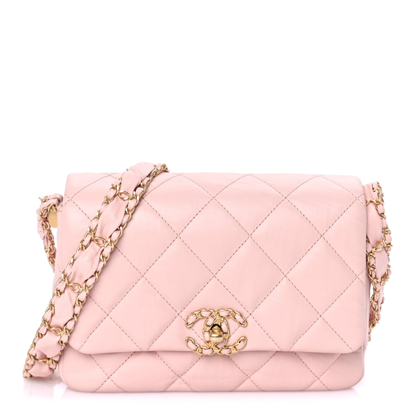 Chanel Crumpled Calfskin Quilted Braided CC Flap Light Pink