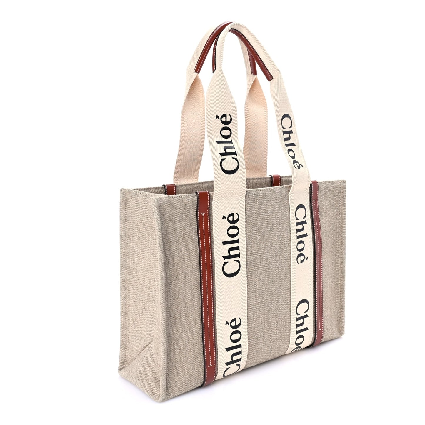 Chloe Linen Calfskin Medium Woody Ribbon Tote  White Brown
