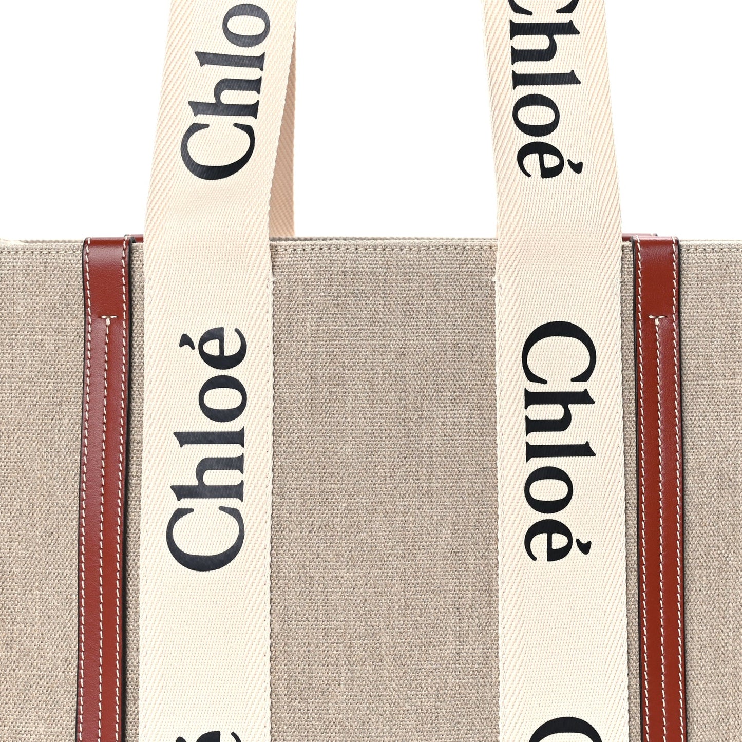 Chloe Linen Calfskin Medium Woody Ribbon Tote  White Brown