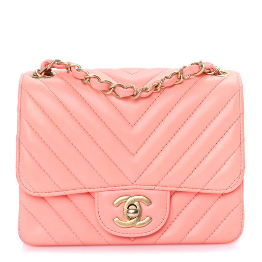 Chanel Lambskin Chevron Quilted Mini Square Flap  Pink