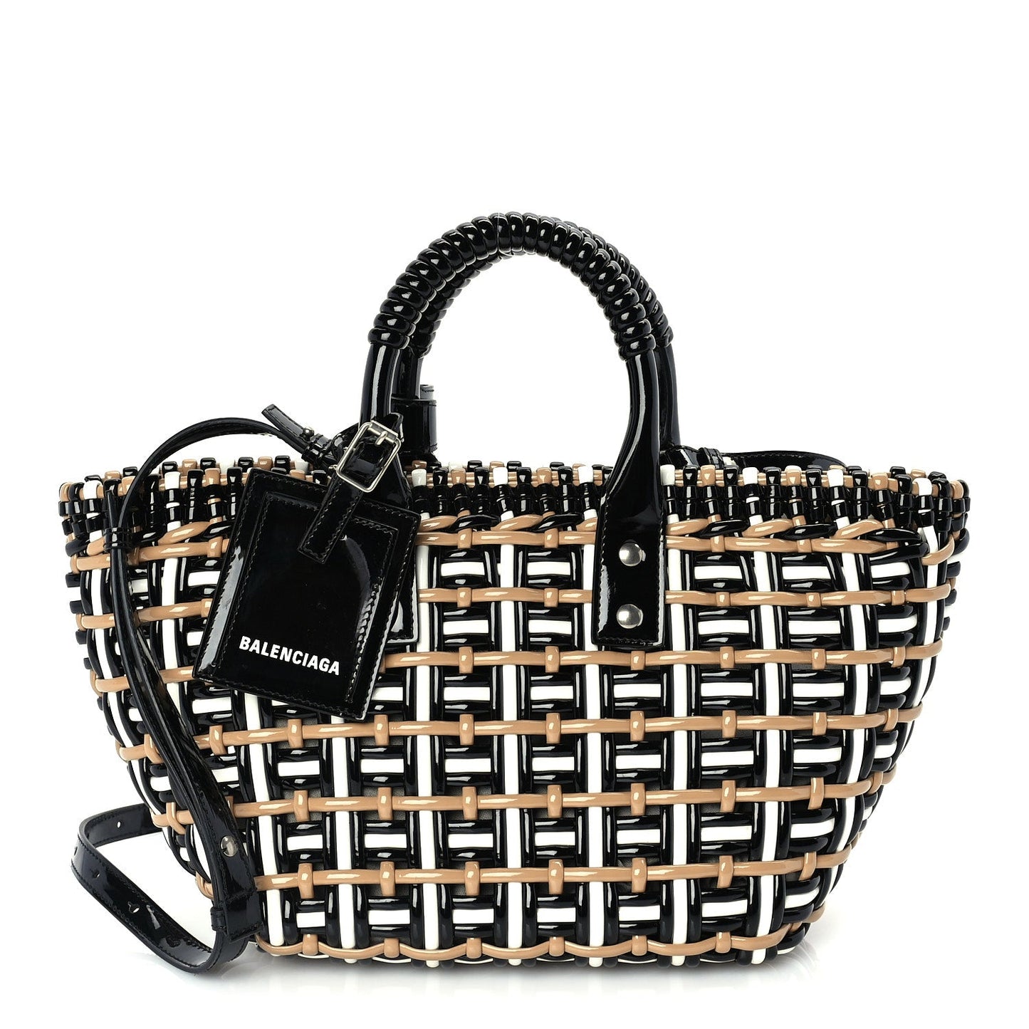 Balenciaga Patent XS Bistro Basket  Black Beige