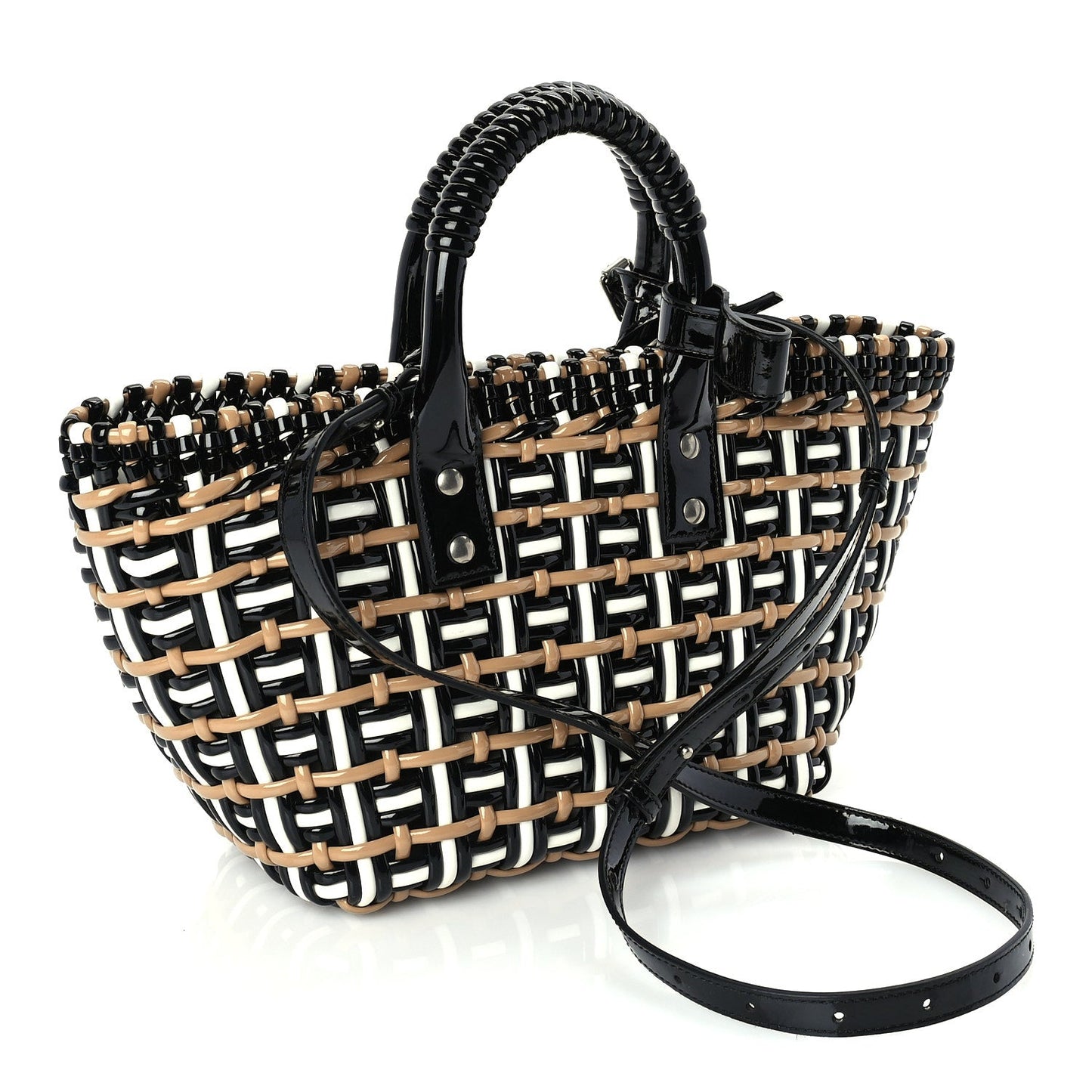Balenciaga Patent XS Bistro Basket  Black Beige