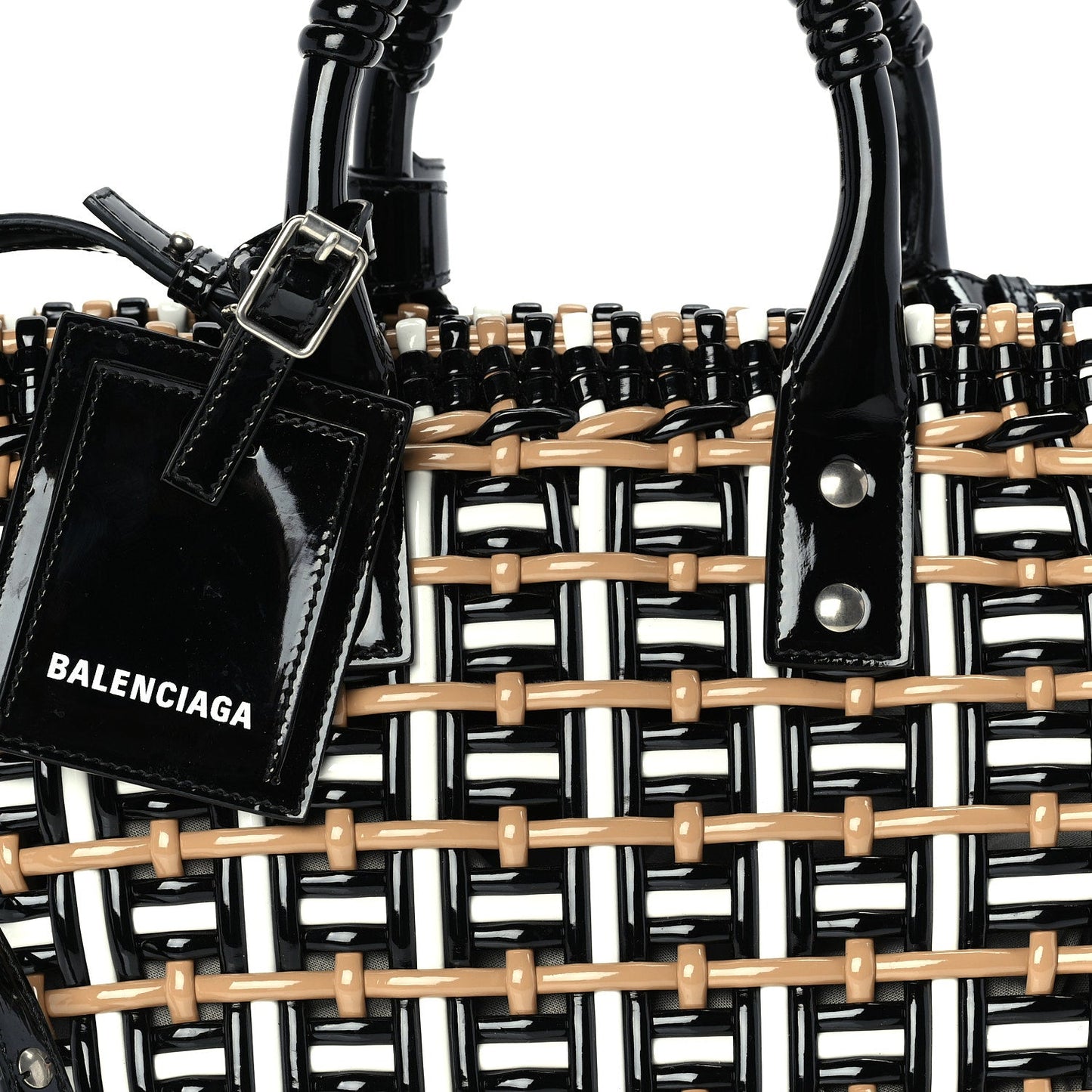 Balenciaga Patent XS Bistro Basket  Black Beige