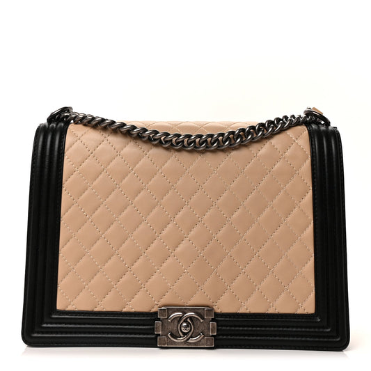 Chanel Lambskin Quilted Large Boy Flap Beige Black