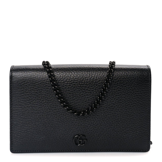 Gucci Dollar Calfskin Enamel Monochrome Mini GG Marmont Chain Wallet Black