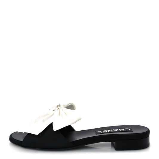 Chanel Silk Bow CC Mules 37  Black White