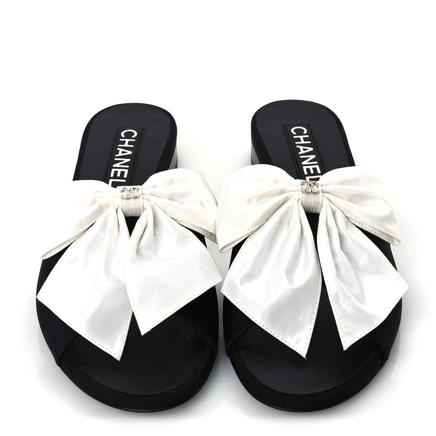 Chanel Silk Bow CC Mules 37  Black White
