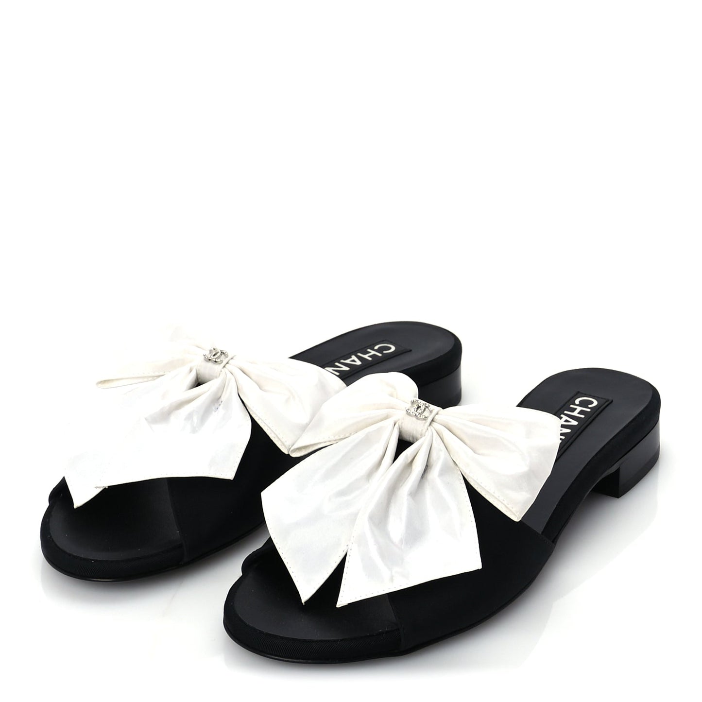 Chanel Silk Bow CC Mules 37  Black White