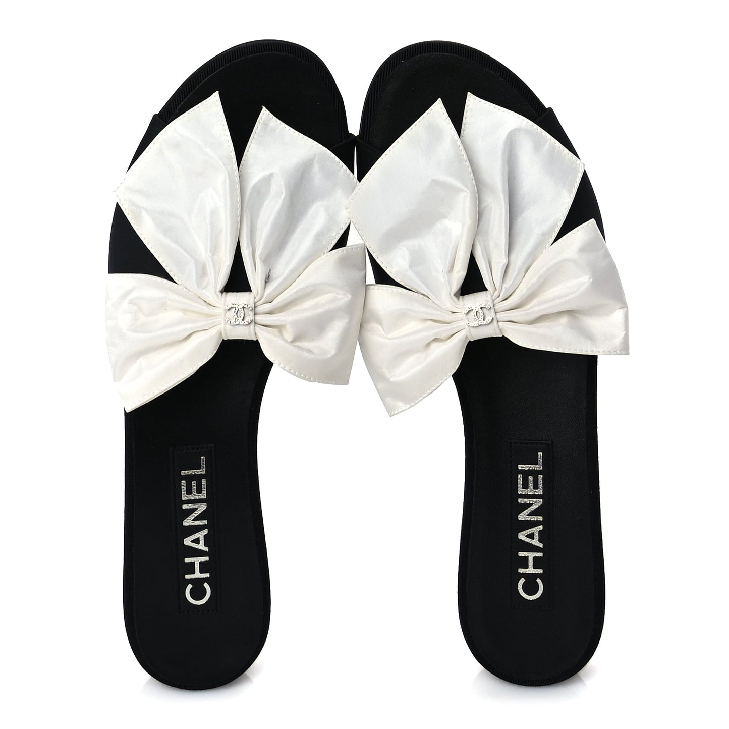 Chanel Silk Bow CC Mules 37  Black White