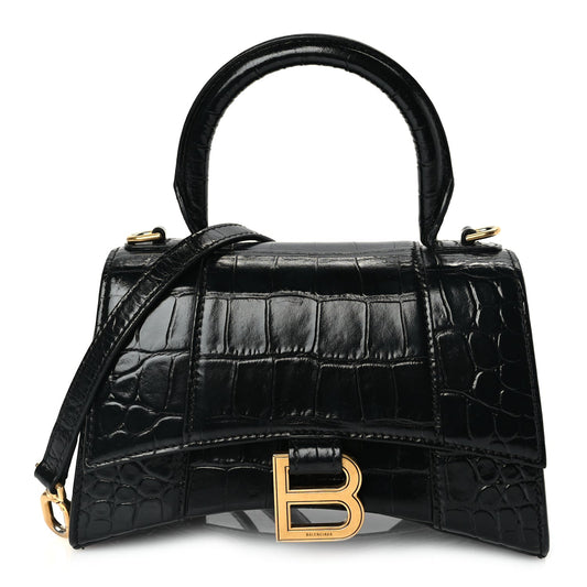 Balenciaga Shiny Calfskin Crocodile Embossed Hourglass Top Handle Bag XS Black