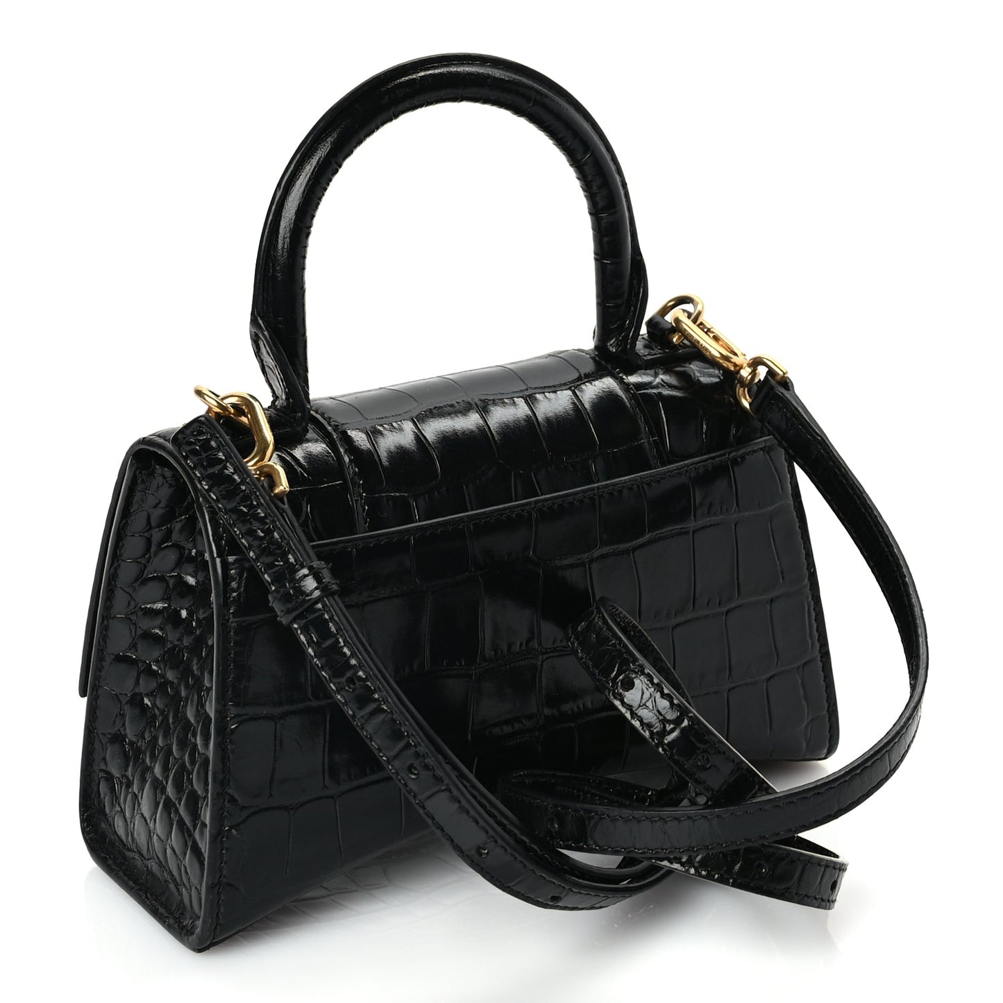 Balenciaga Shiny Calfskin Crocodile Embossed Hourglass Top Handle Bag XS Black