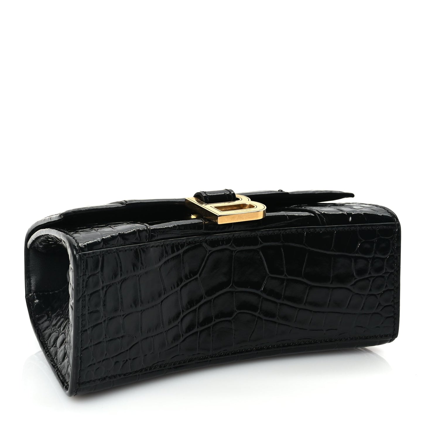 Balenciaga Shiny Calfskin Crocodile Embossed Hourglass Top Handle Bag XS Black