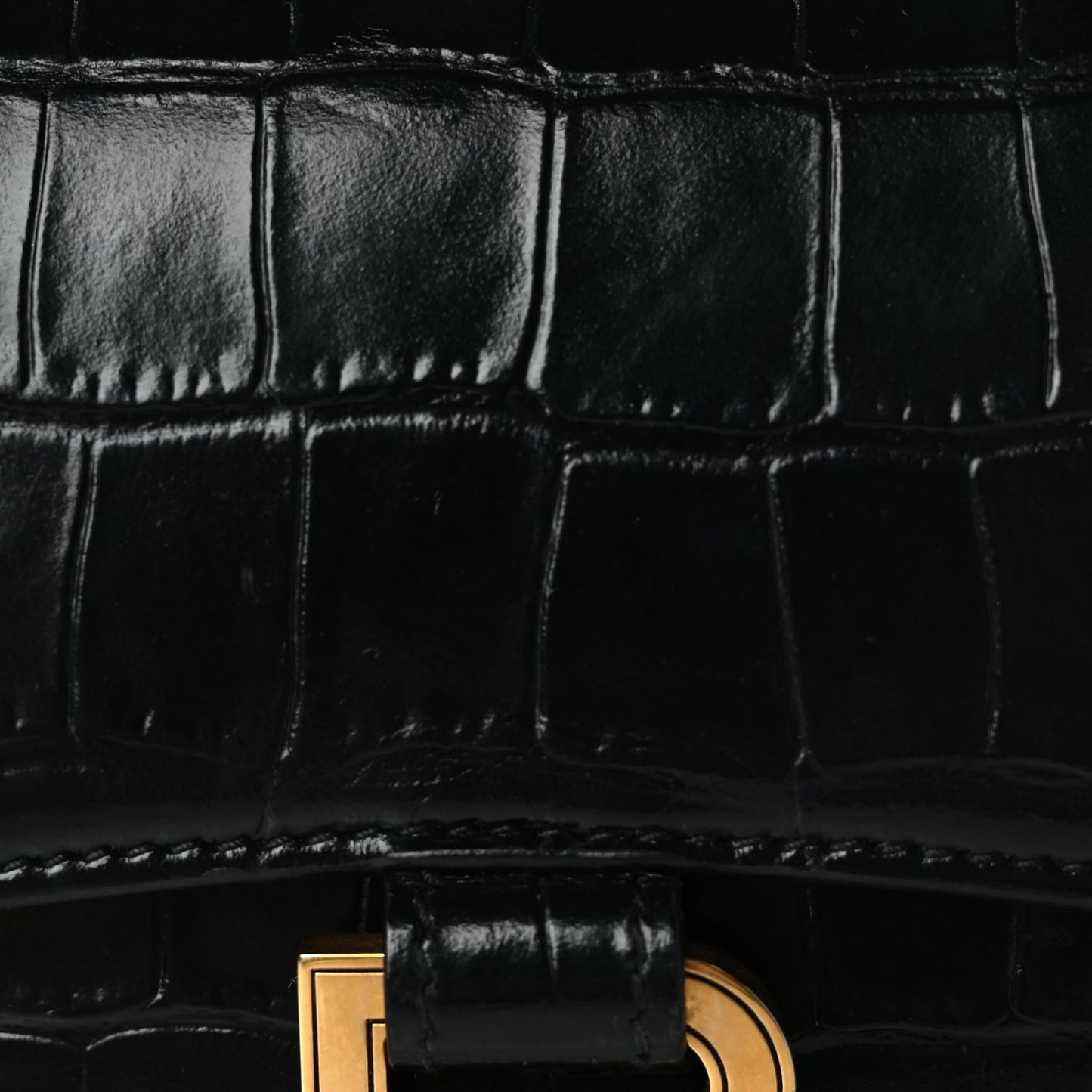 Balenciaga Shiny Calfskin Crocodile Embossed Hourglass Top Handle Bag XS Black
