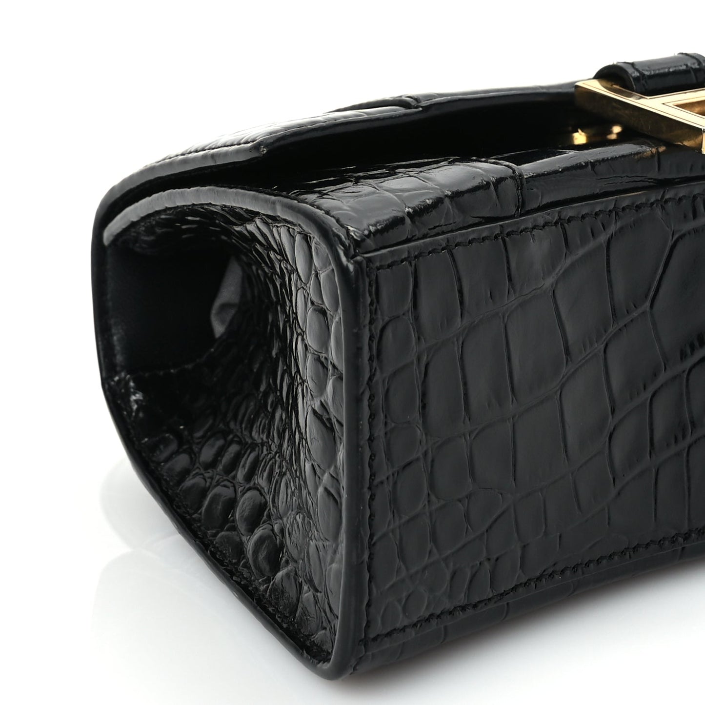 Balenciaga Shiny Calfskin Crocodile Embossed Hourglass Top Handle Bag XS Black