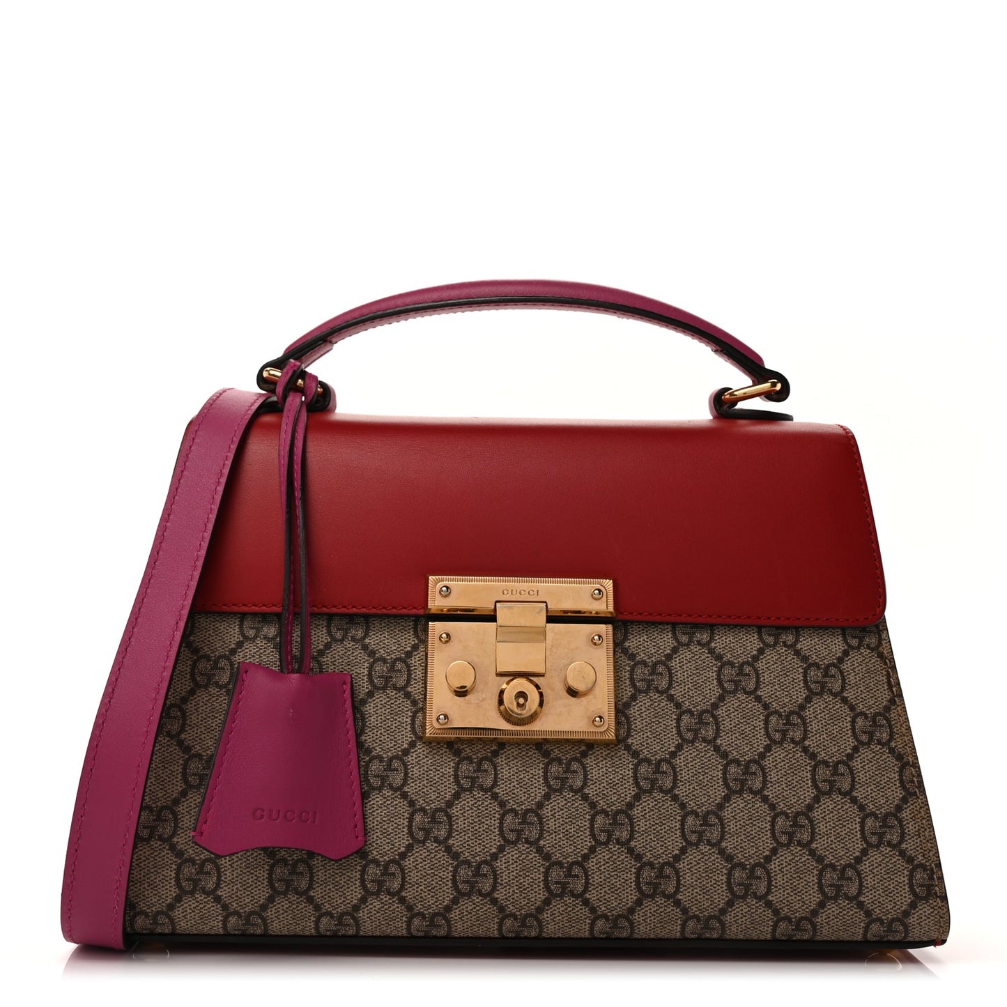 Gucci GG Supreme Monogram Calfskin Small Padlock Top Handle Bag  Hibiscus Red New Rosette
