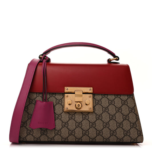 Gucci GG Supreme Monogram Calfskin Small Padlock Top Handle Bag  Hibiscus Red New Rosette