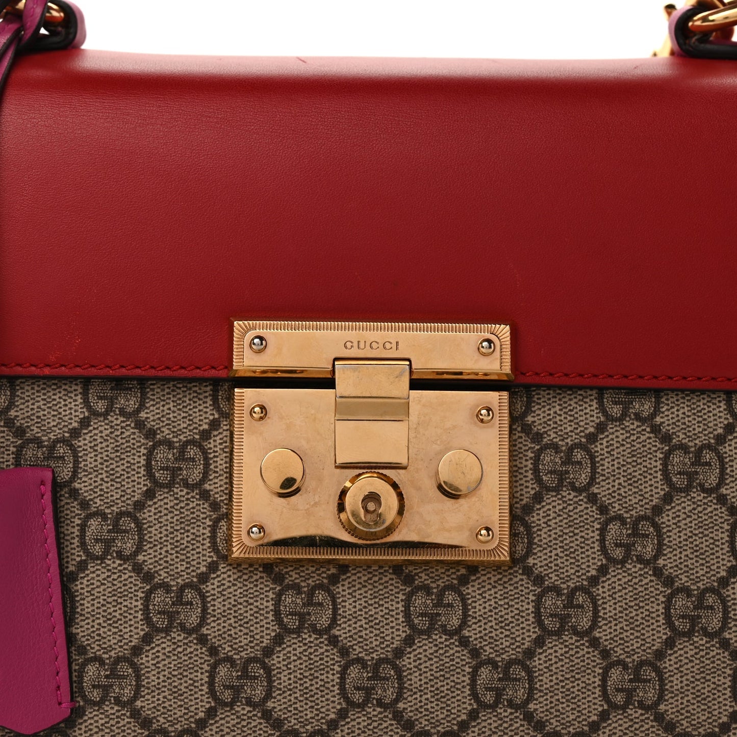 Gucci GG Supreme Monogram Calfskin Small Padlock Top Handle Bag  Hibiscus Red New Rosette