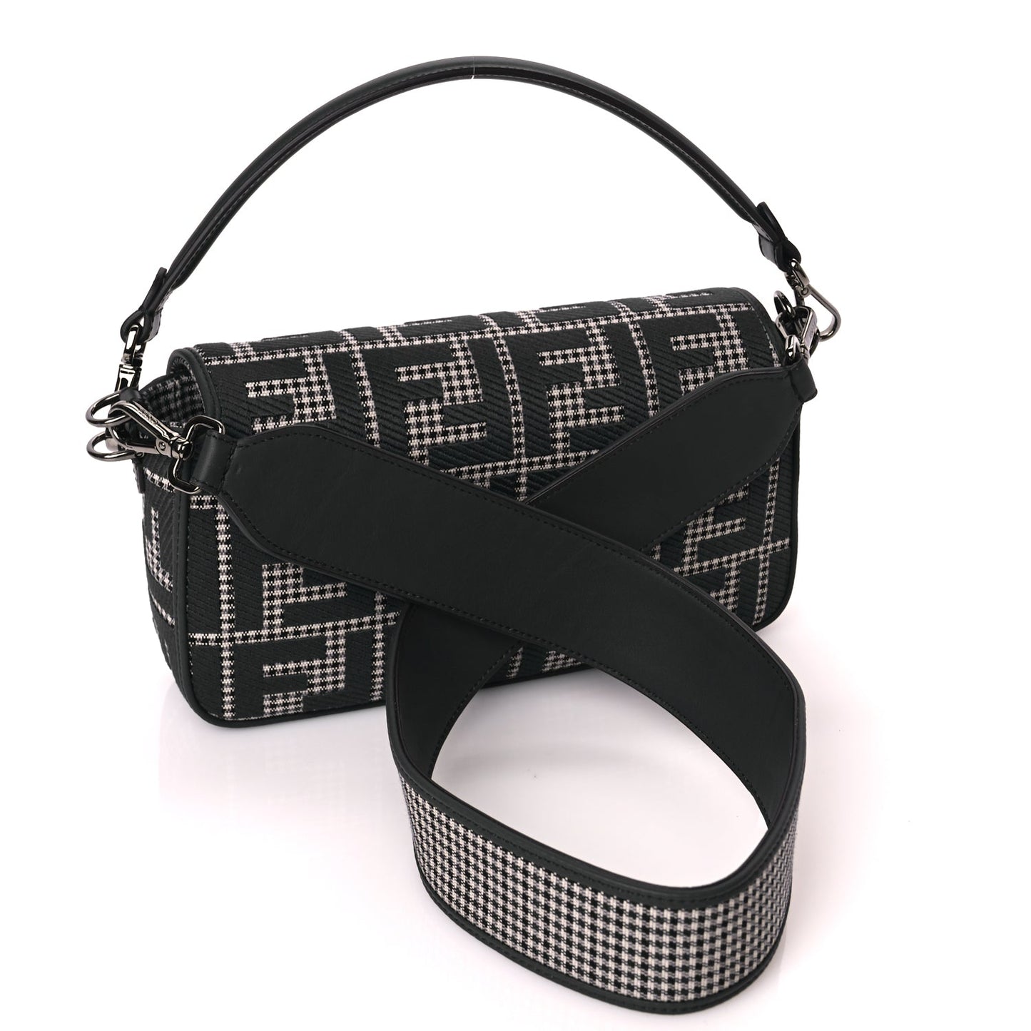 Fendi Wool Vitello King Houndstooth FF Embroidered Baguette Grigio Anthracite