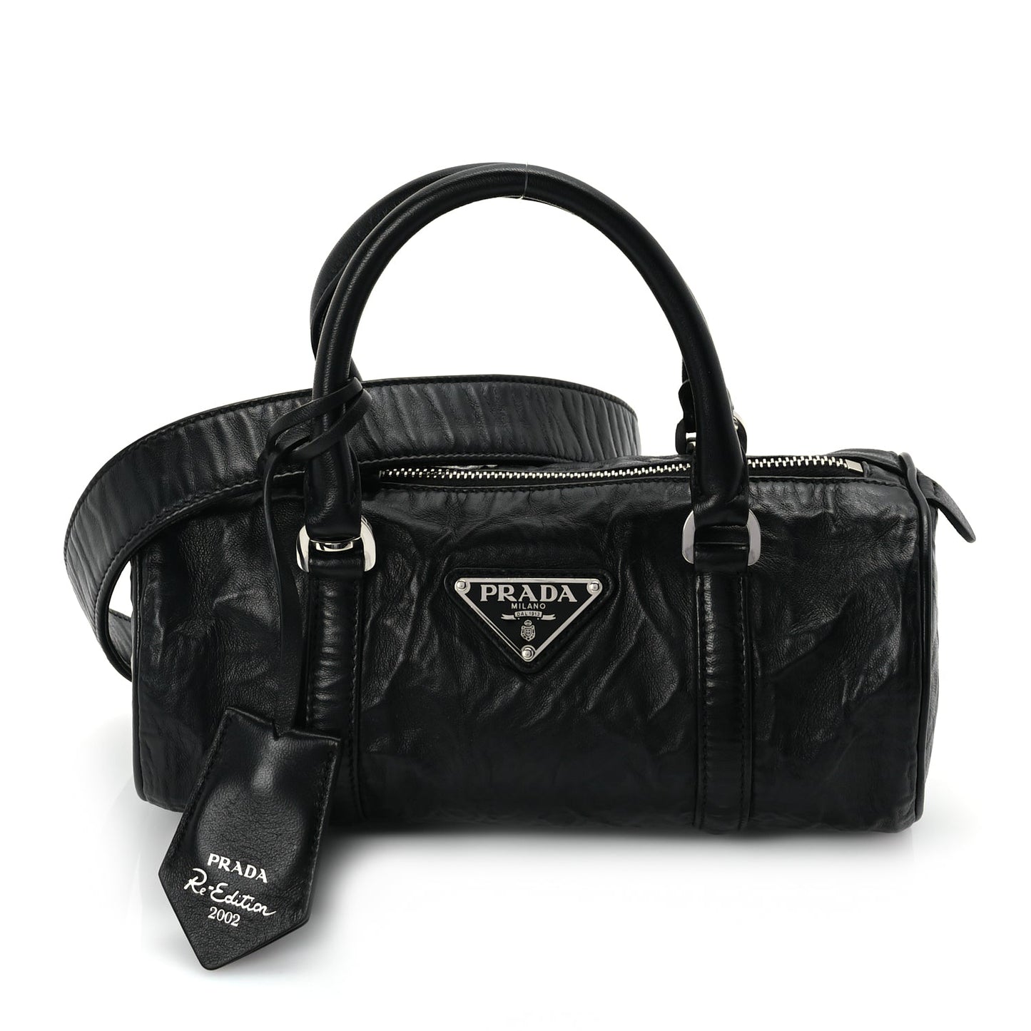 Prada Nappa Antique Re-Edition 2002 Barrel Shoulder Bag  Black