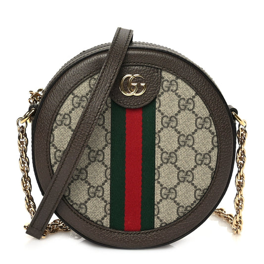 Gucci GG Supreme Monogram Web Mini Ophidia Round Shoulder Bag Brown